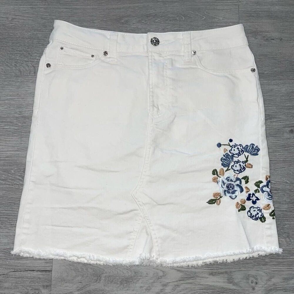 Seven7 Jean Fashion Skirt Womens 8 Asymetrical Denim Raw Hem 90's Rocker Classic